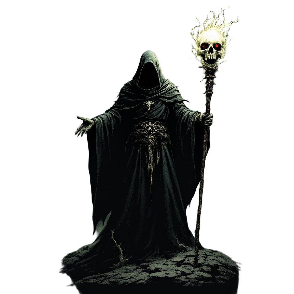 A necromancer holding a staff topped with a glowing skull, dark robes, undead mi