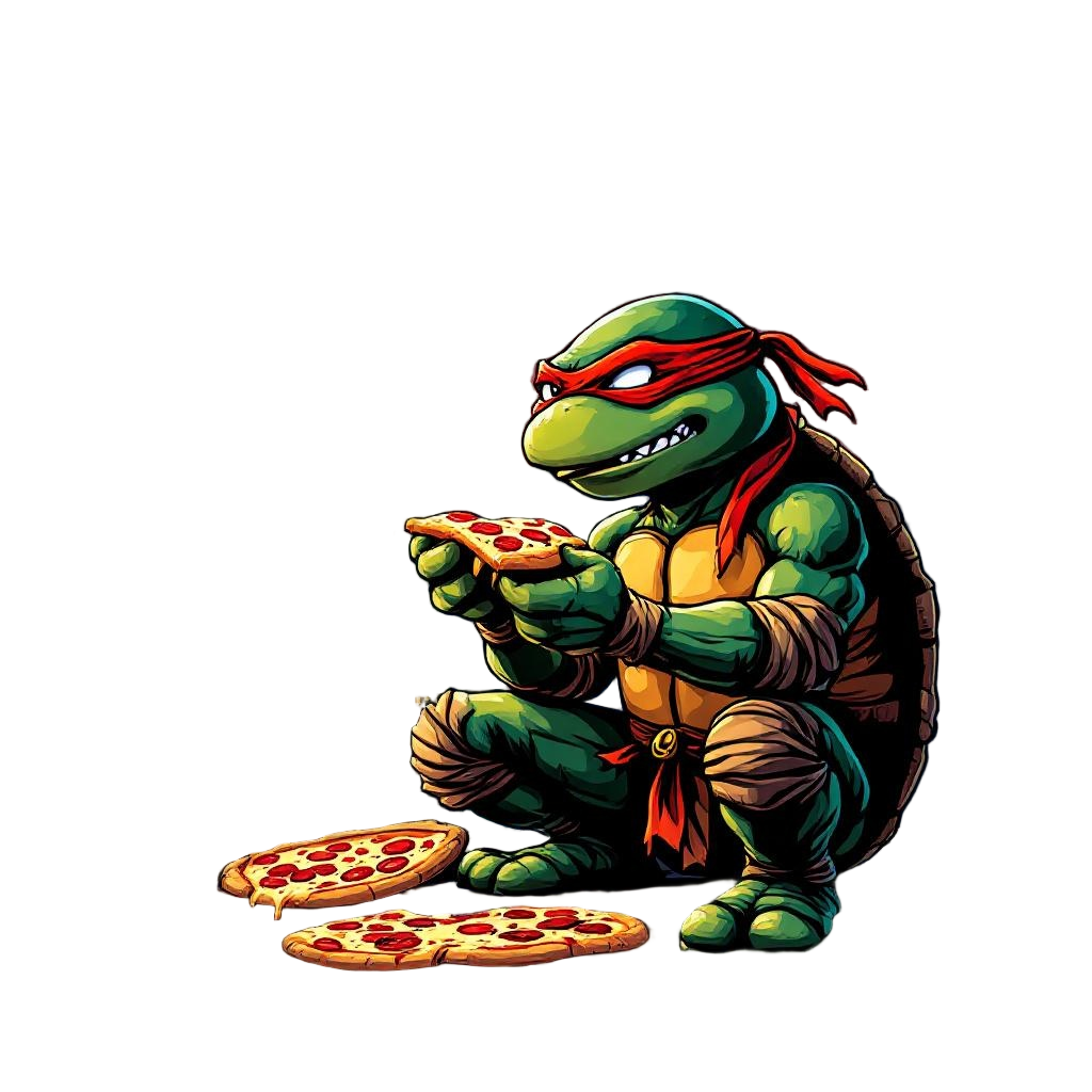 A Ninja Turtle Character Eating Pizza on a Rooftop