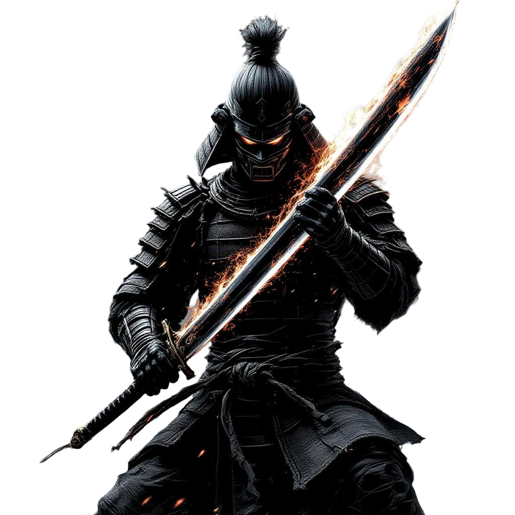 A samurai holding a blade made of pure obsidian, volcanic glass reflecting fire,