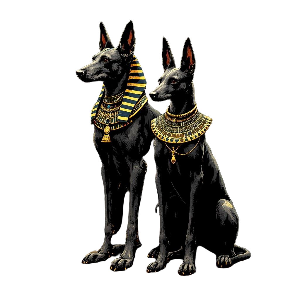 An Egyptian Pharaoh Hound Standing Regal Beside Anubis
