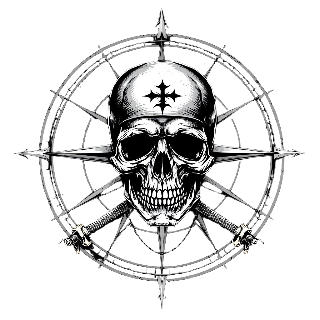 A pirate skull with a compass rose behind it, crossed cutlasses, nautical advent