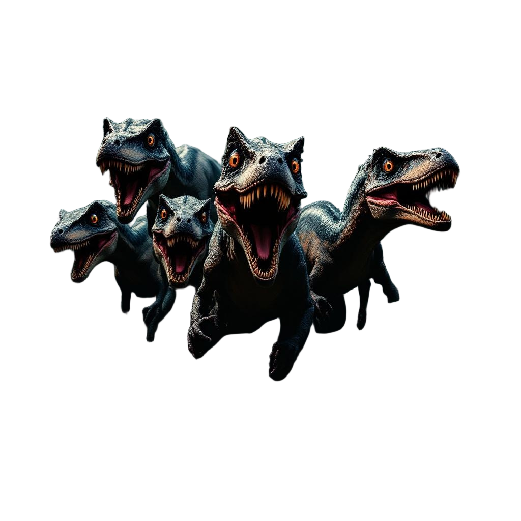 A pack of velociraptors hunting in a misty jungle, intelligent eyes, coordinated