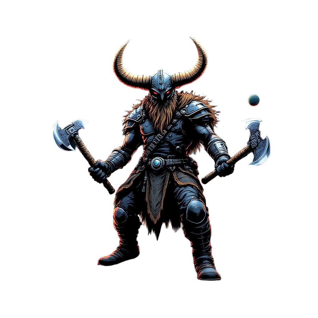 A Viking in a space suit with a horned helmet, exploring an alien planet, axes a