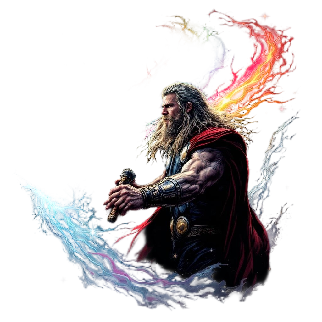 Thor summoning the Bifrost rainbow bridge with his hammer, cosmic energy, Norse 