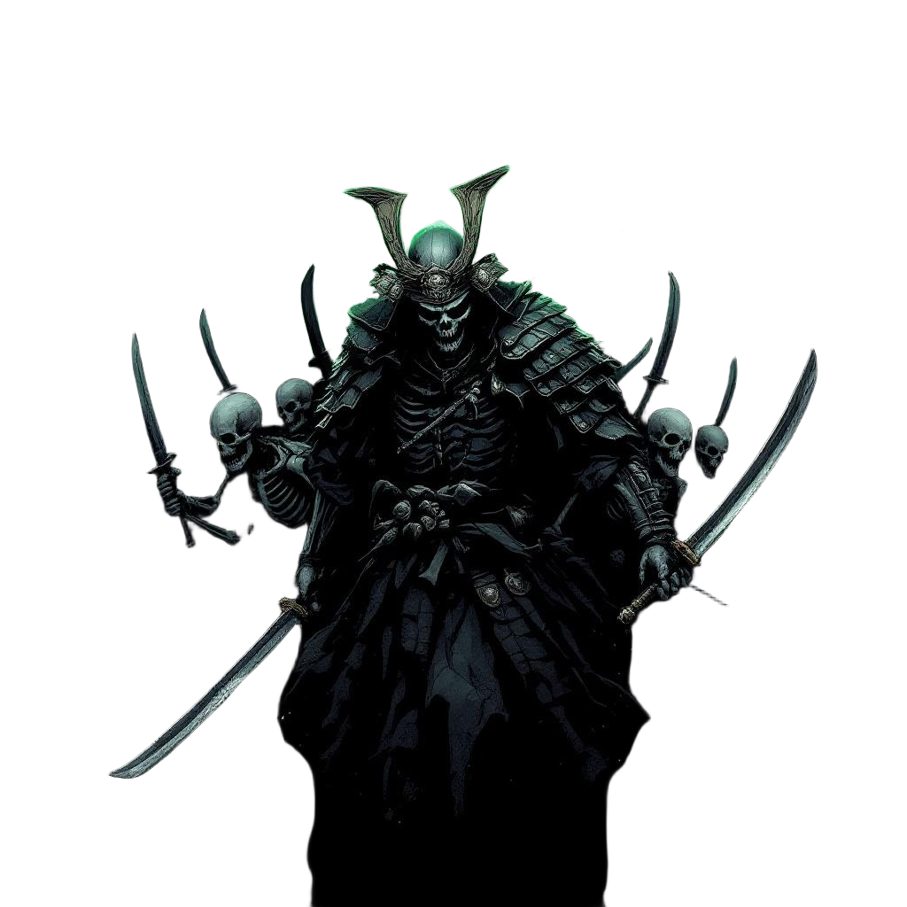 An undead shogun leading an army of skeletal samurai, ghostly green aura, undead
