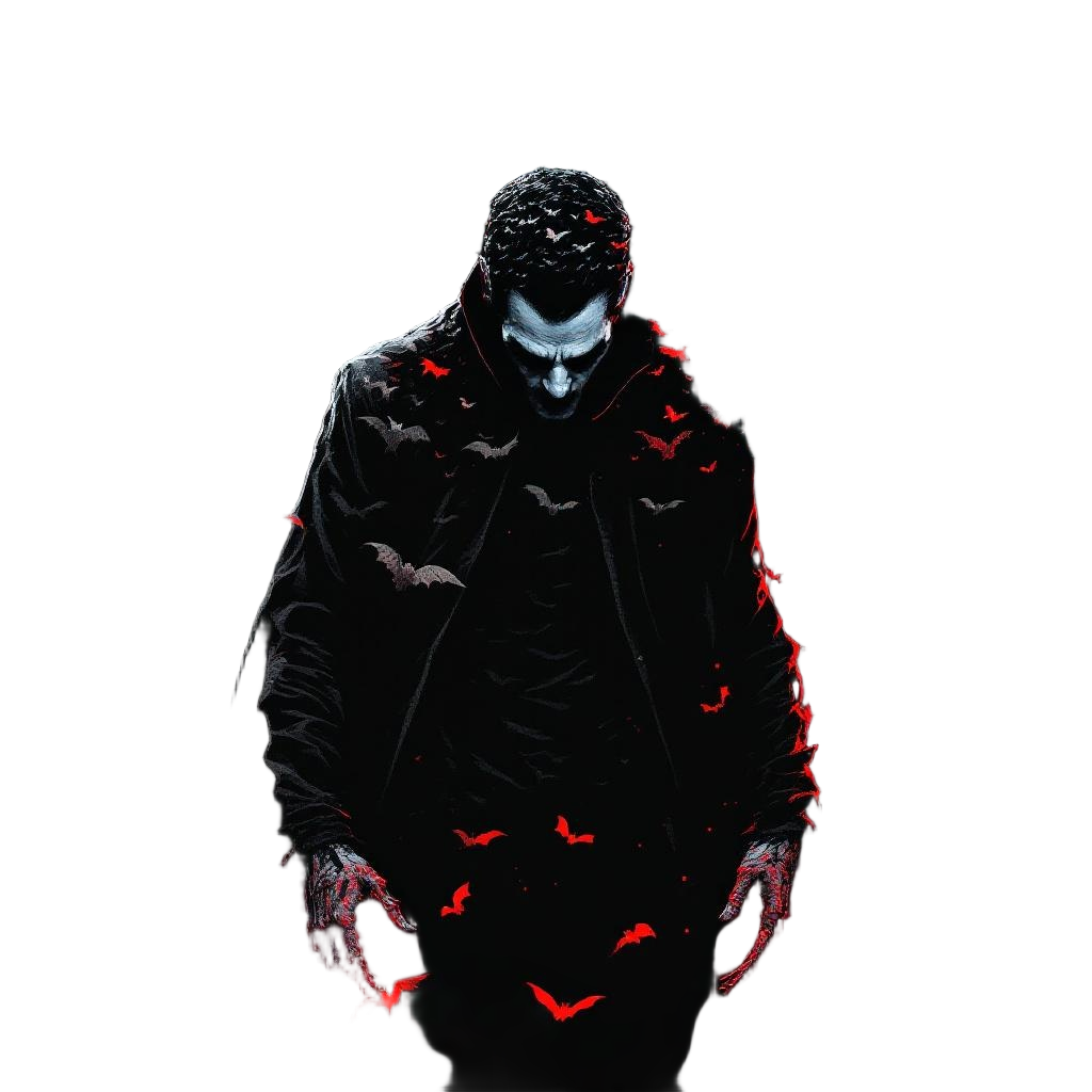 A vampire mid-transformation into a swarm of bats, dark magic, classic horror sh