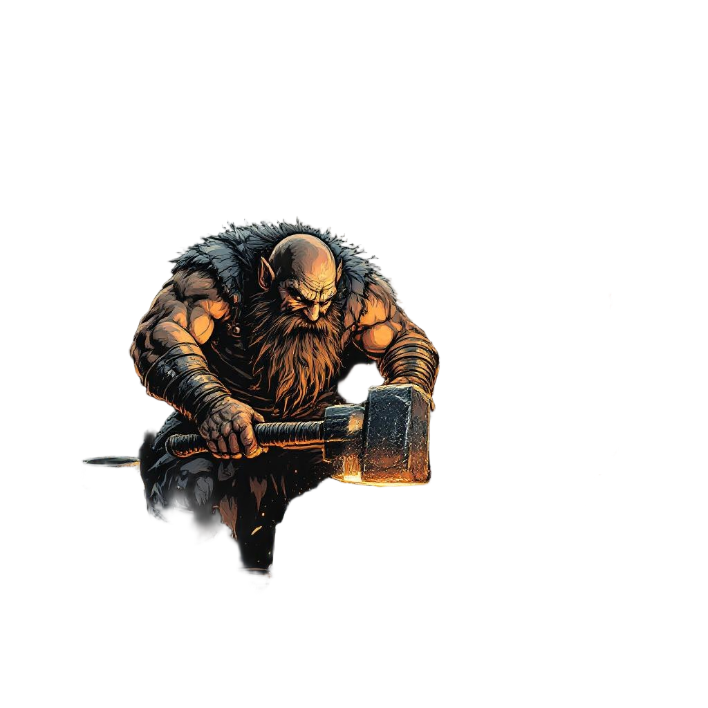 A dwarf blacksmith forging a massive war hammer in a volcanic forge, sparks flyi
