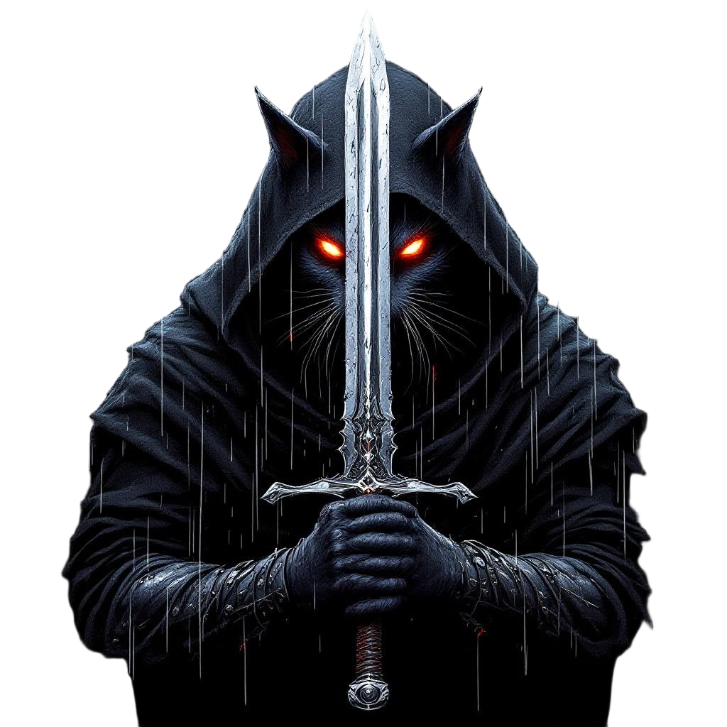 A monster hunter with silver sword drawn, cat eyes glowing, rain falling, dark f