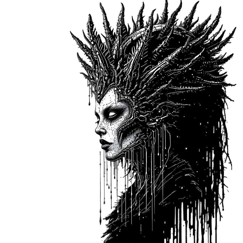 An alien queen with elaborate crown-like head crest, biomechanical horror, dripp