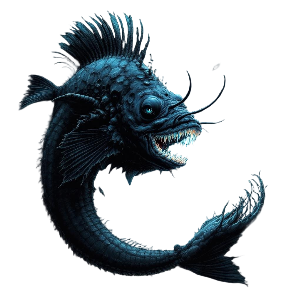 A massive anglerfish in the deepest ocean abyss, its bioluminescent lure illumin