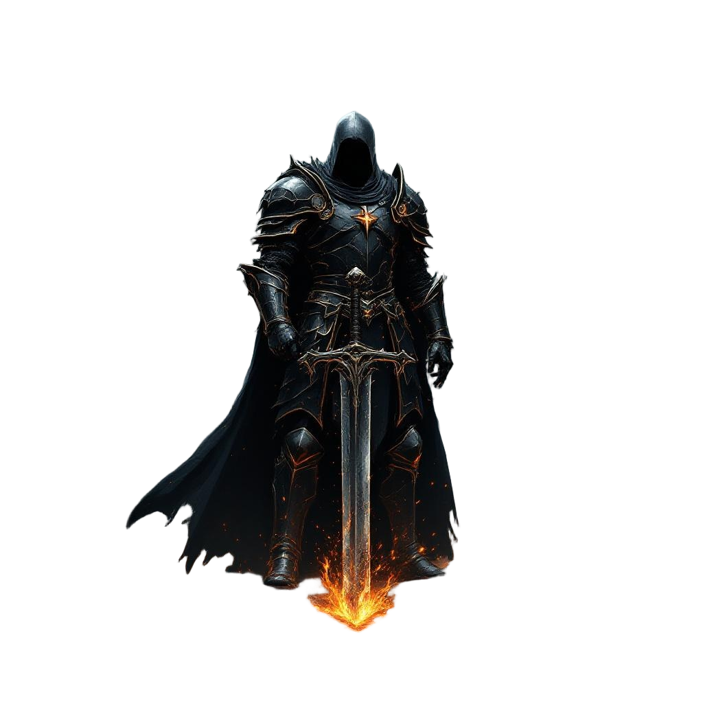 A Black Knight in Heavy Dark Armor Standing in Ruins