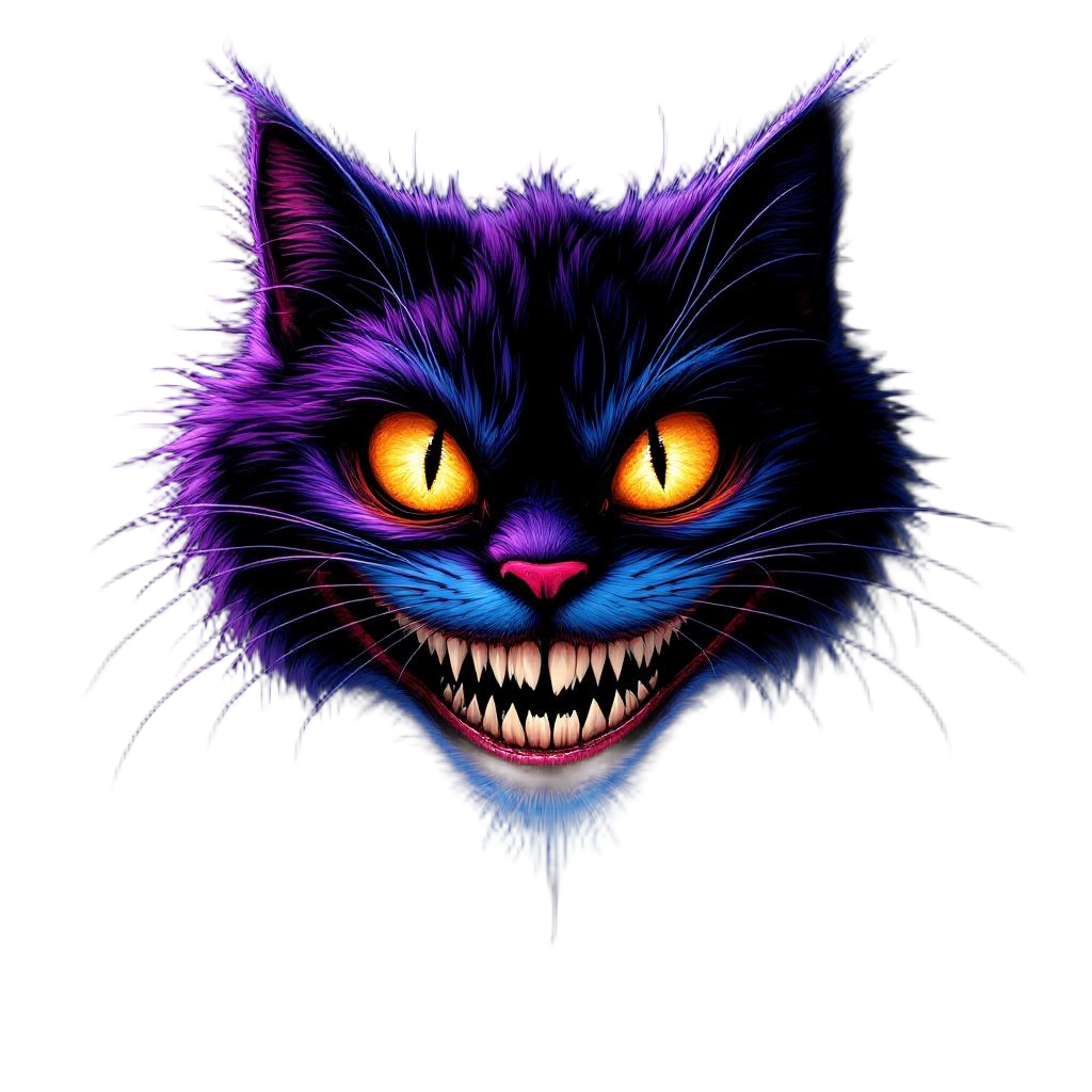 A Cheshire cat's floating grin in darkness, eyes and teeth visible, slowly mater