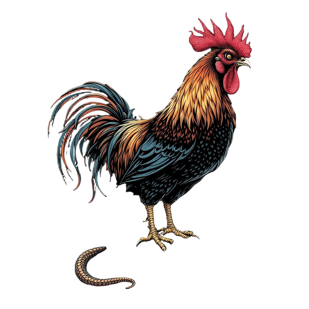 A cockatrice — rooster with serpent tail — its gaze turning the ground to stone,