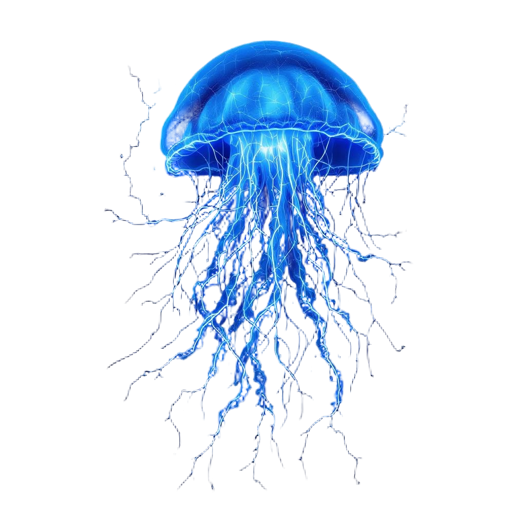 An electric jellyfish with tentacles that crackle with electricity, deep ocean b