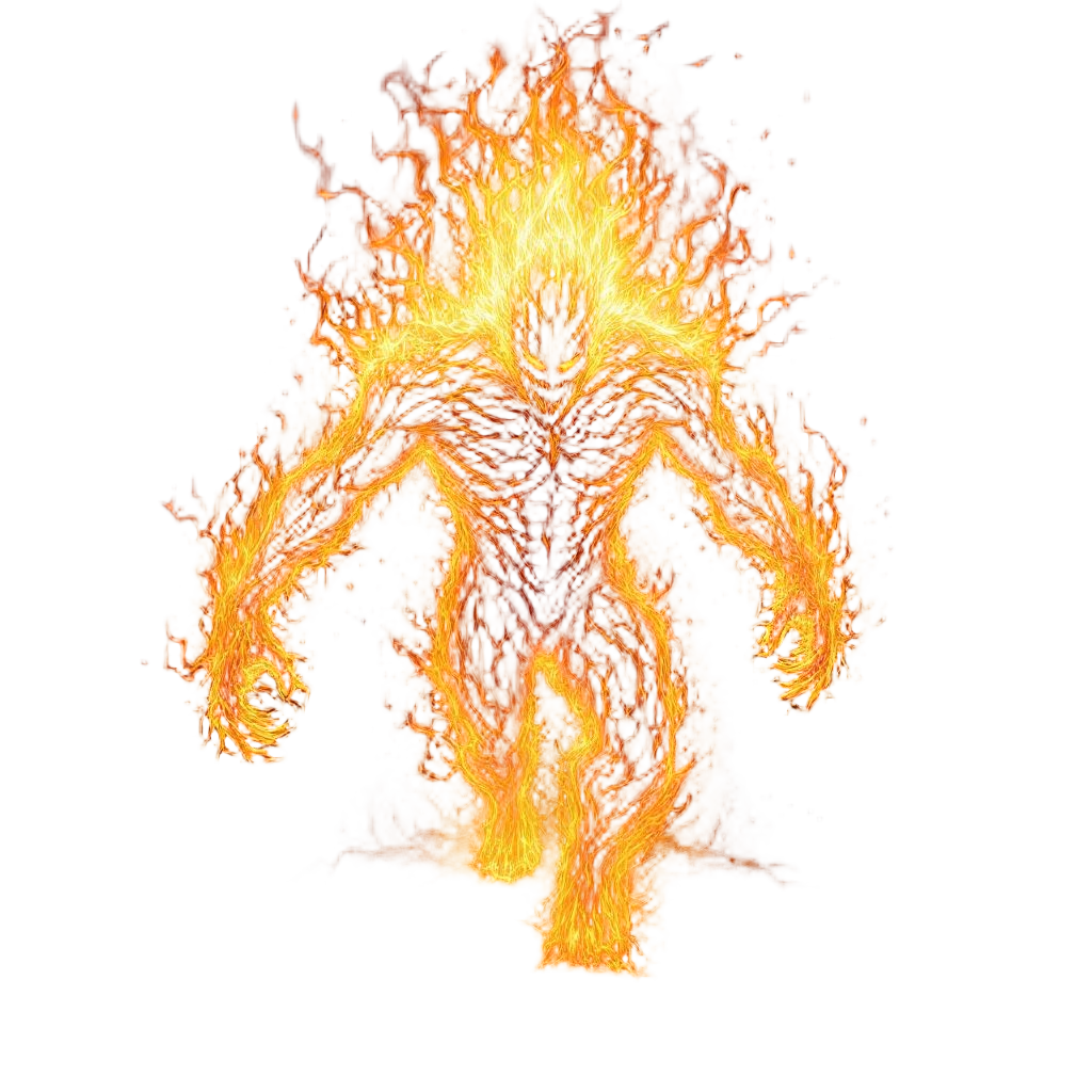 A fire elemental in humanoid form, body of pure living flame, rage and destructi