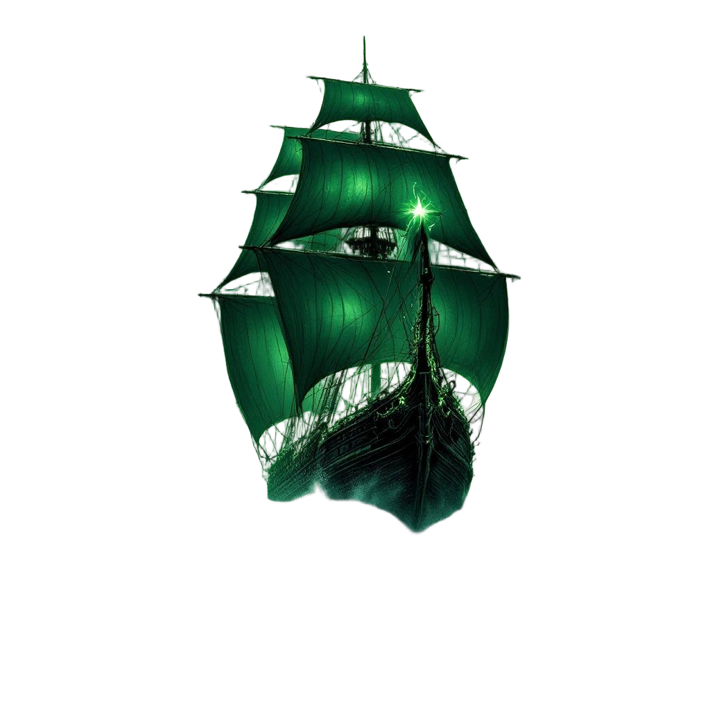 The Flying Dutchman ghost ship emerging from a massive storm, ghostly green sail