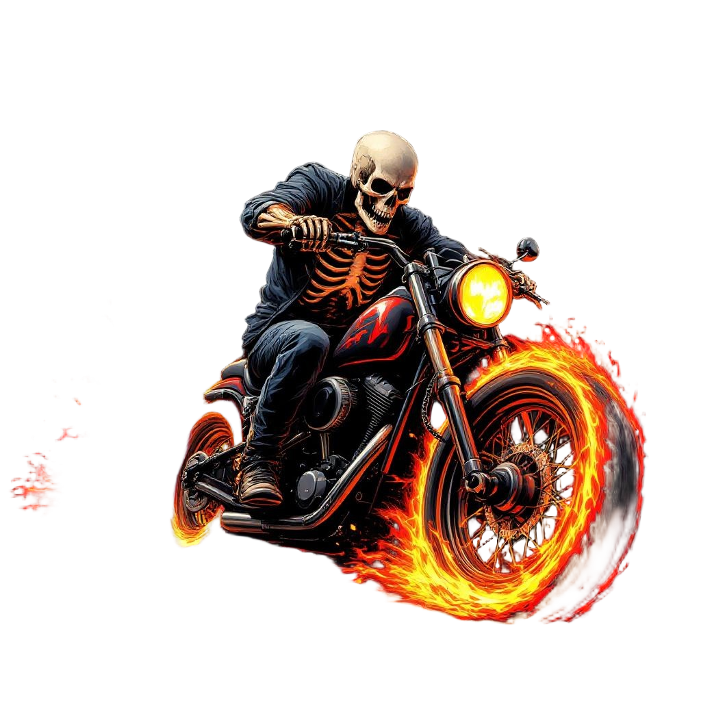A skeleton rider on a flaming motorcycle, chain whip trailing fire, highway to h