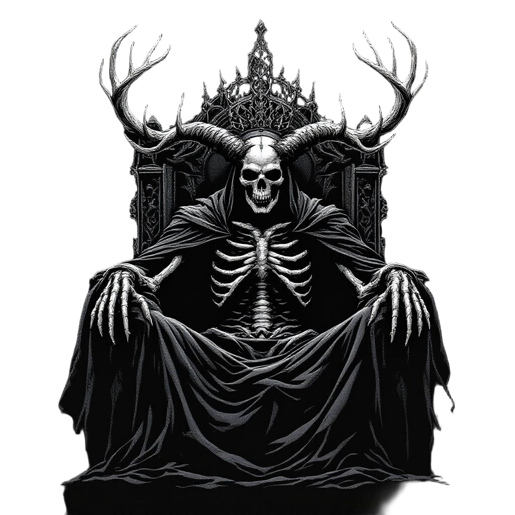 A Skeletal Horned King on a Throne of Darkness