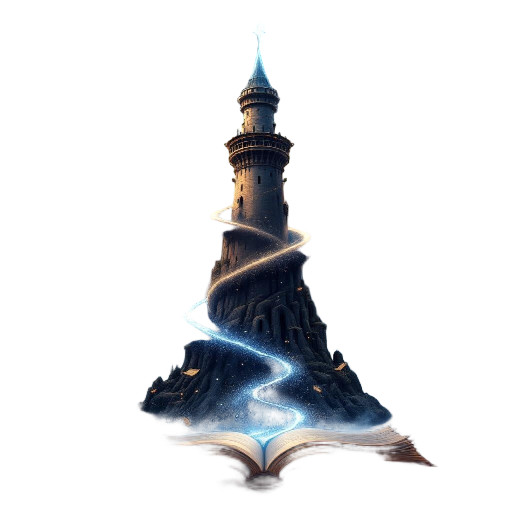 A wizard's ivory tower reaching into the clouds, magical energy spiraling around