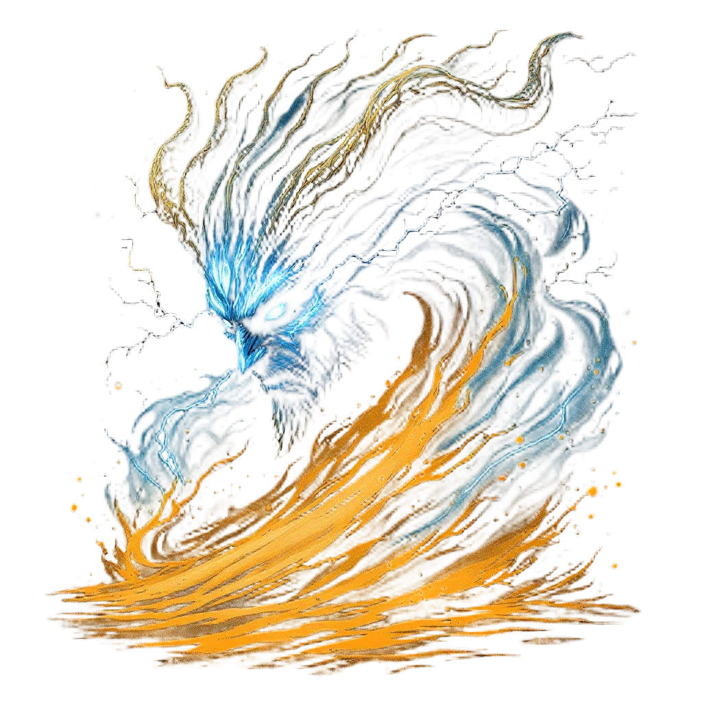 A jinn formed from a desert sandstorm, massive and powerful, eyes of lightning, 