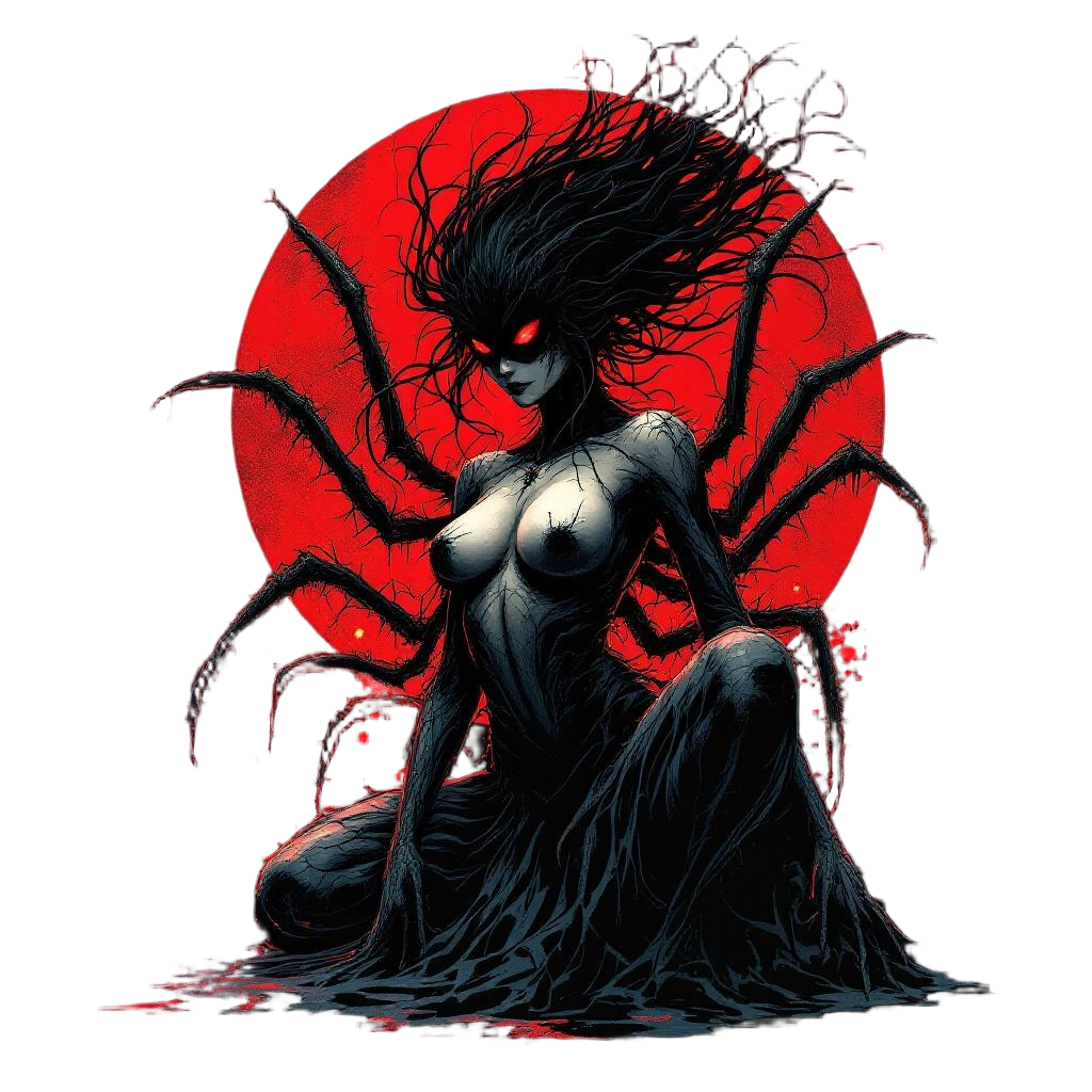 Jorogumo the Japanese spider woman yokai, beautiful upper body transforming into
