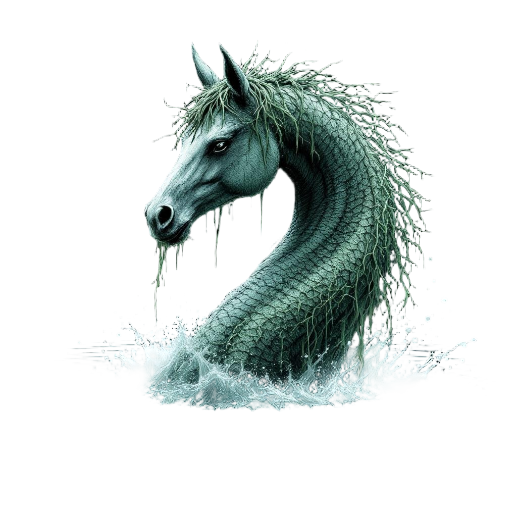 A kelpie water horse emerging from a Scottish loch, dripping seaweed, shapeshift