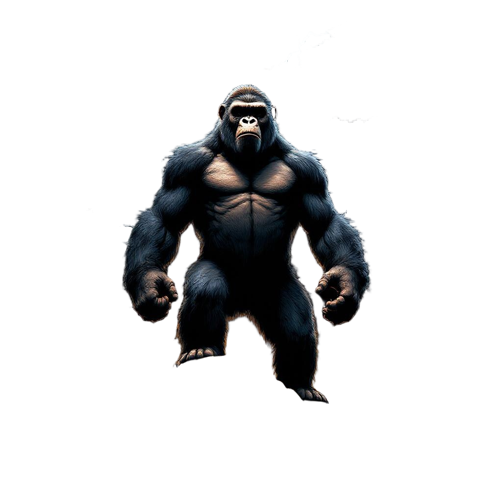 A massive ape standing on a mountain peak beating its chest, lightning striking 