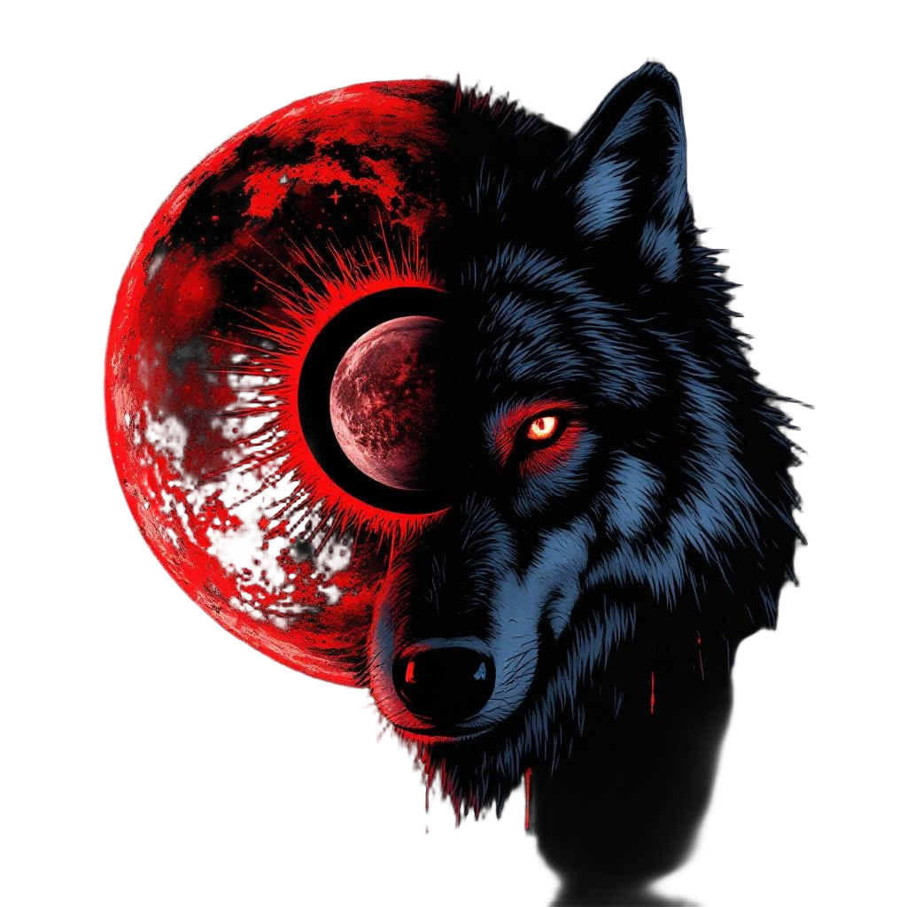 A wolf with the lunar eclipse reflected in both eyes, cosmic connection, moon bl