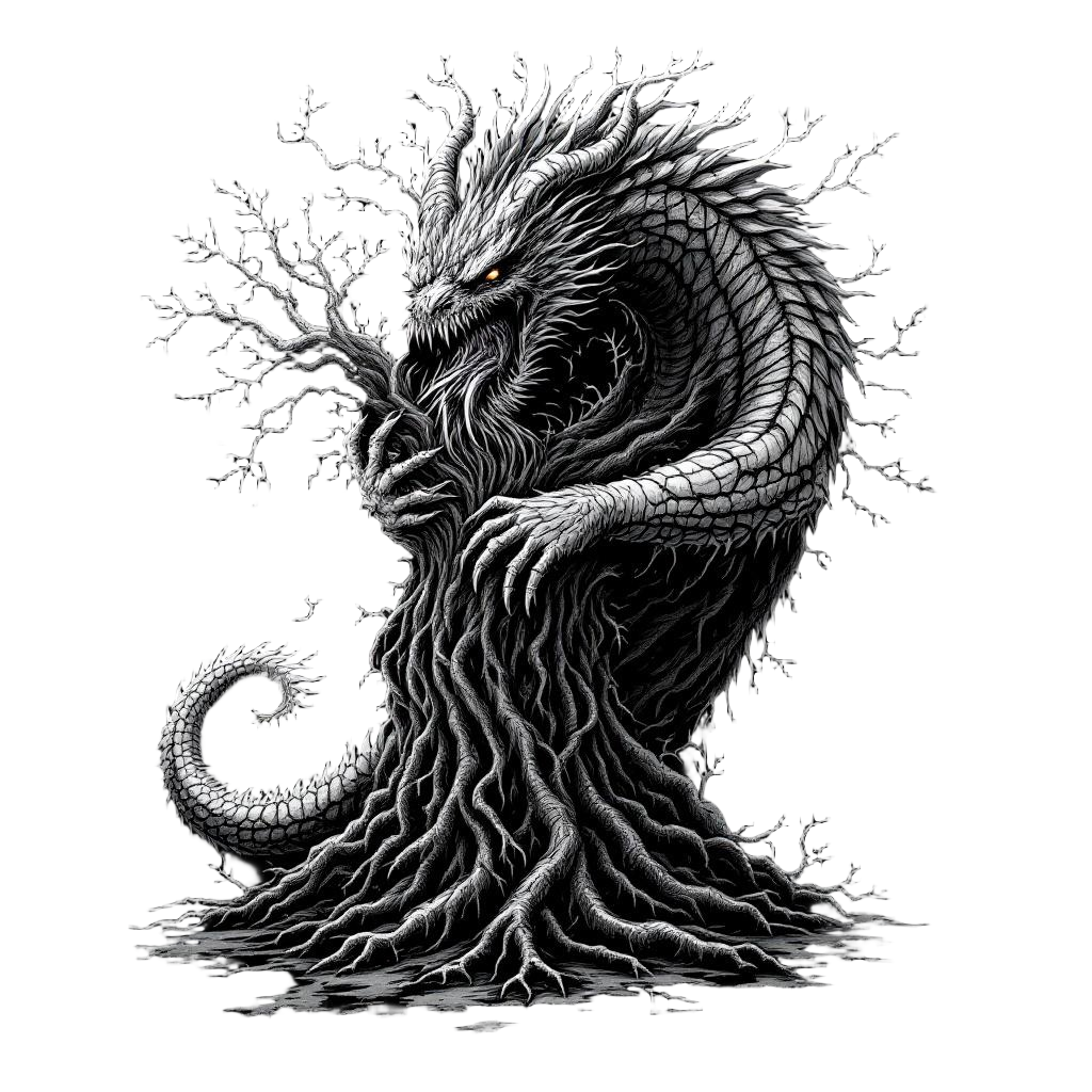 Nidhogg the dragon gnawing at the roots of Yggdrasil, Norse mythology destroyer,