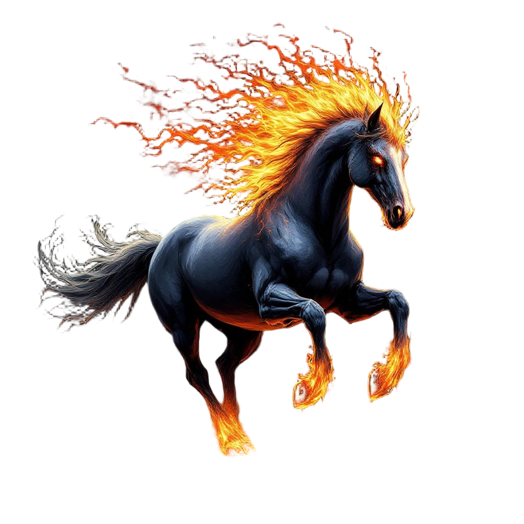 A nightmare horse with flaming mane and hooves, eyes of hellfire, demonic steed 