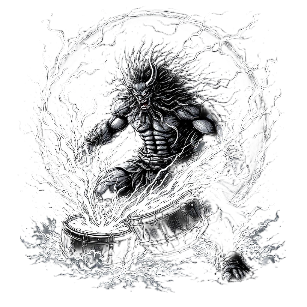 A massive Oni thunder god with drums creating storms, Japanese raijin deity, pow