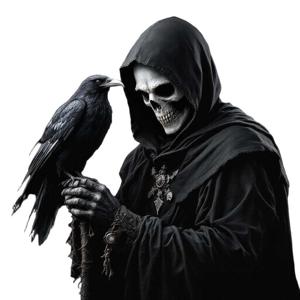 A plague doctor with a raven perched on their shoulder, both looking ominous, me