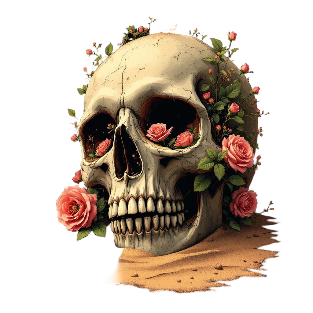 A skull half-submerged in quicksand, desert roses growing from eye sockets, deat