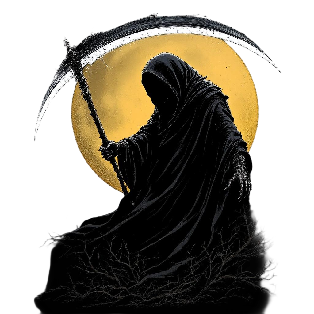 The grim reaper's scythe catching moonlight, blade reflecting souls, minimalist 