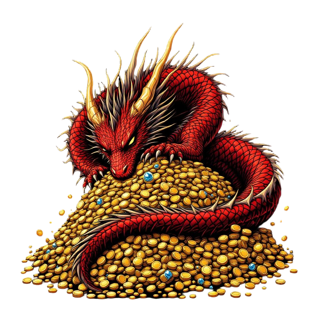 A Massive Red Dragon Sleeping on a Mountain of Gold Coins and Jewels