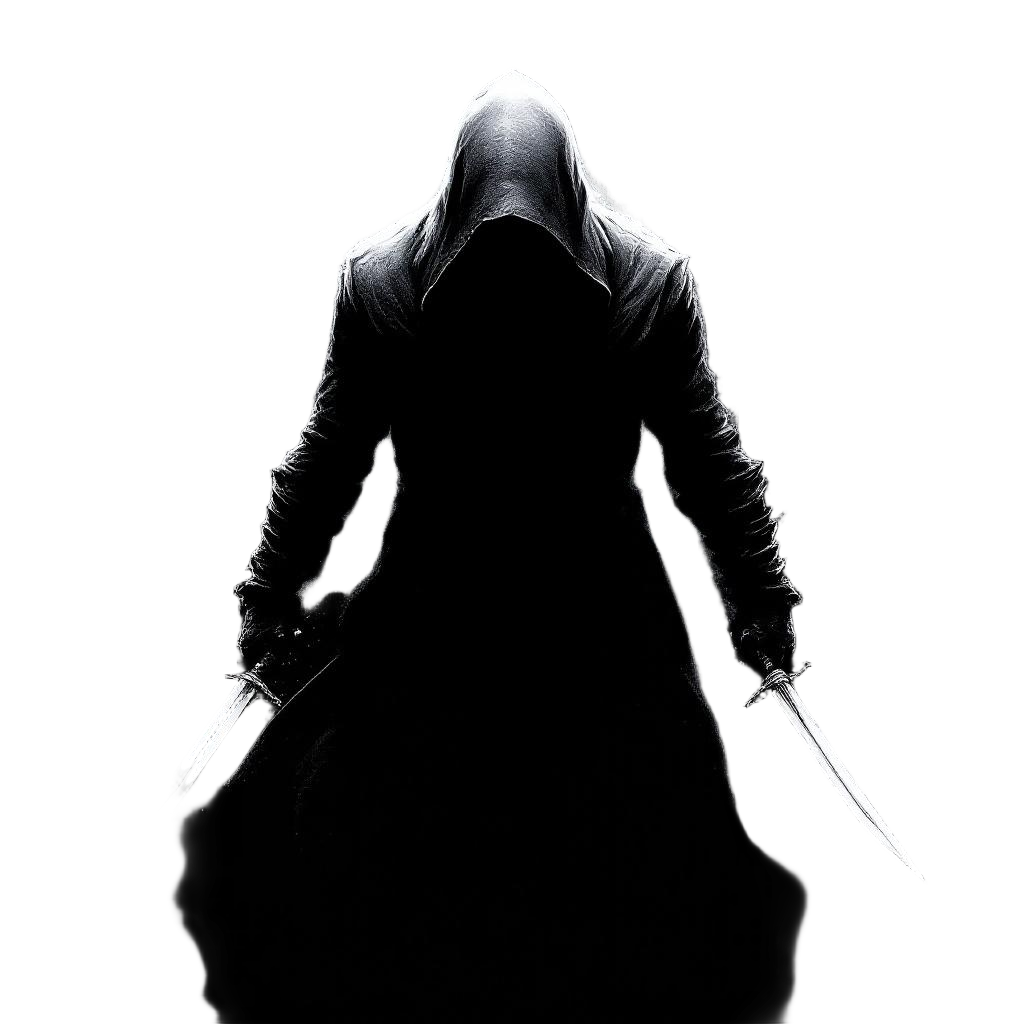An assassin emerging from pure shadow, only the gleam of twin blades visible, si
