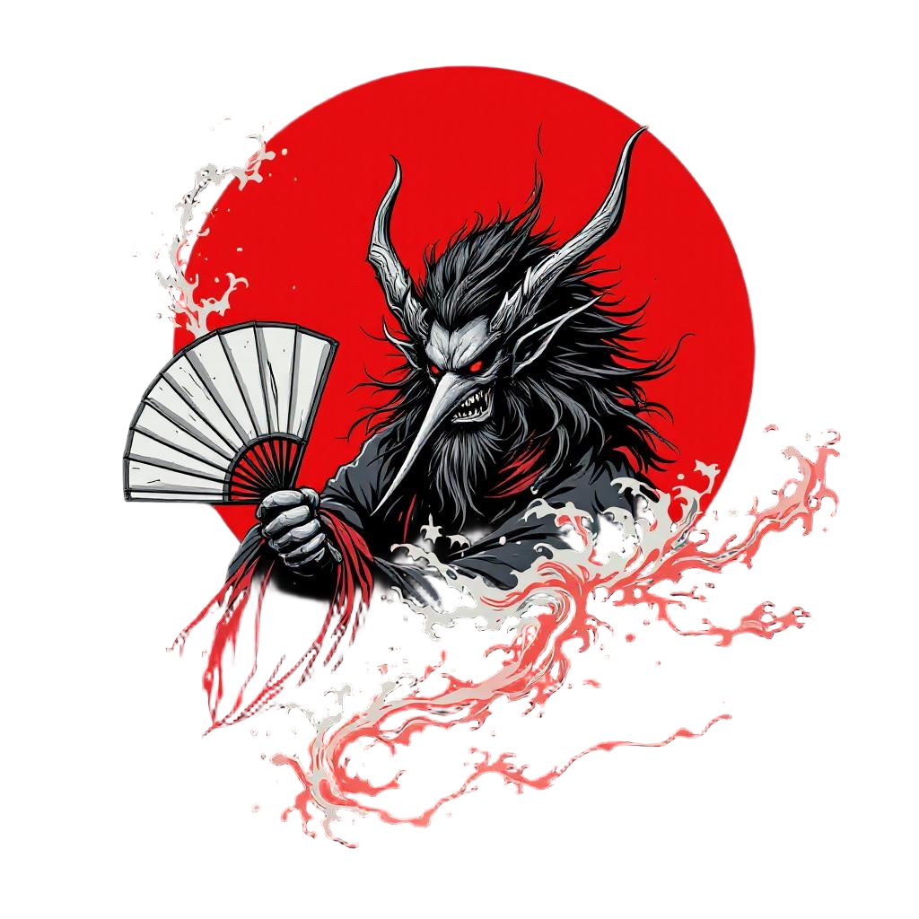 A tengu long-nosed demon wielding a fan that creates hurricanes, Japanese mounta