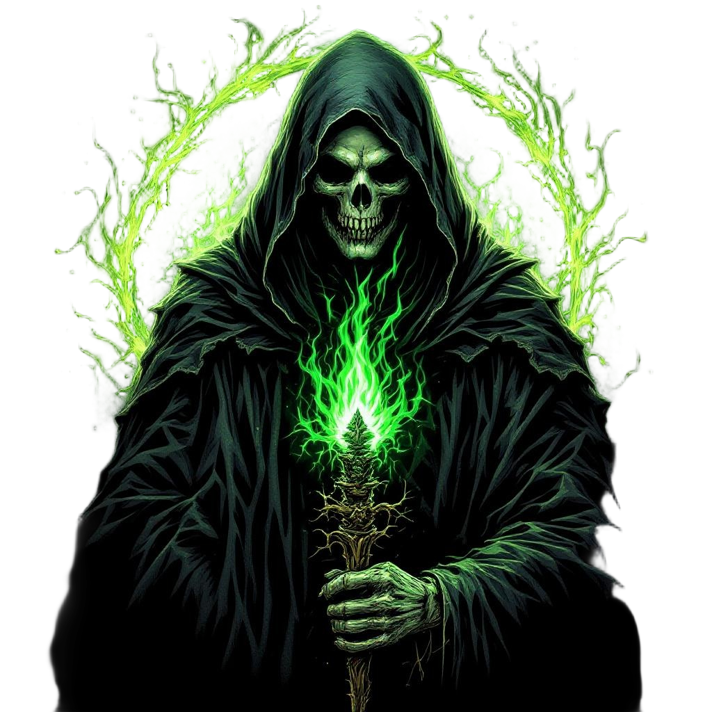 A lich surrounded by green necromantic fire, skeletal face under hood, staff of 