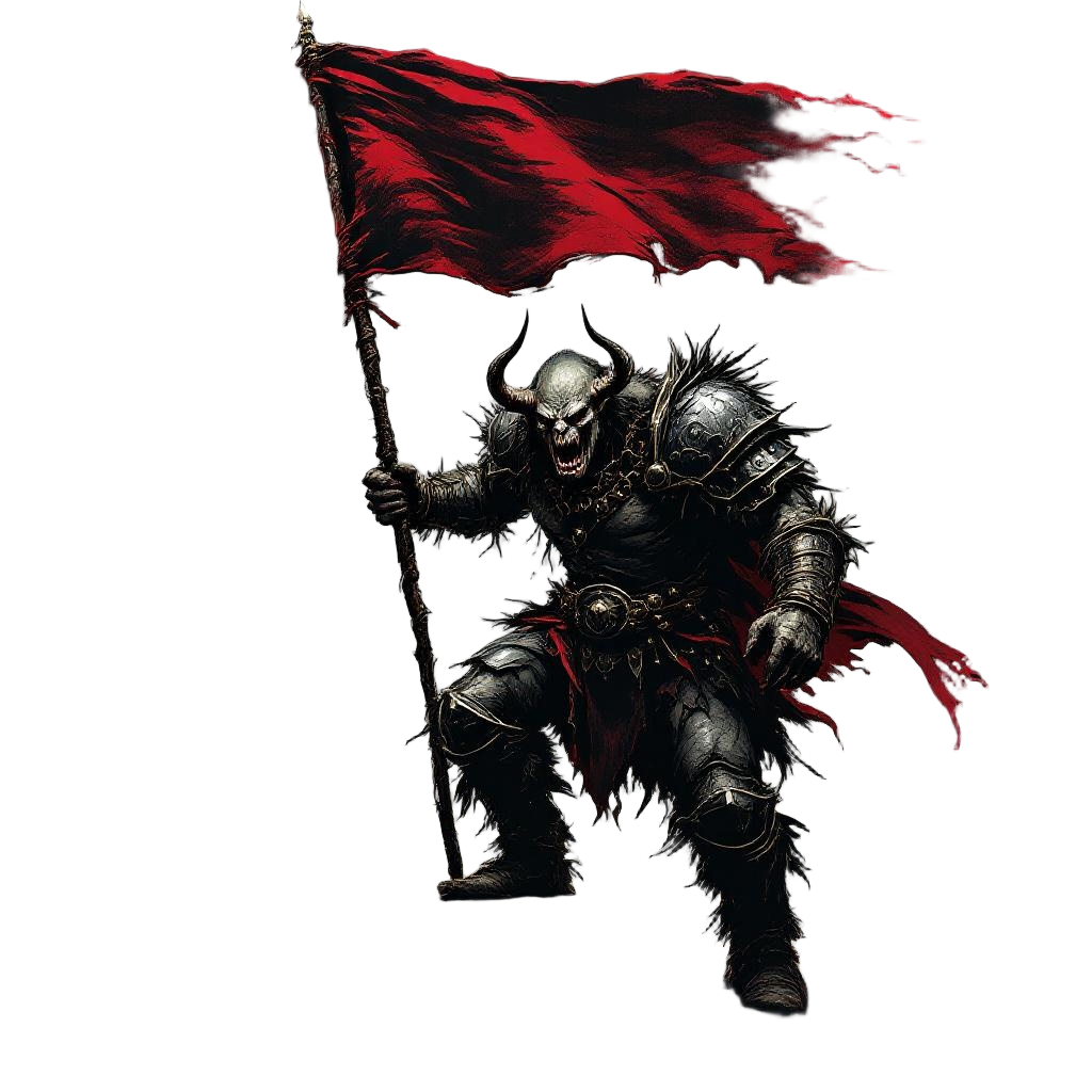 A fierce orc warrior carrying a war banner into battle, heavy armor, war paint, 