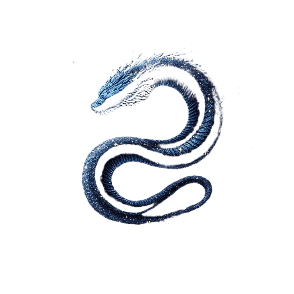 A serpent swimming through the void of space, body made of dark matter, stars dy