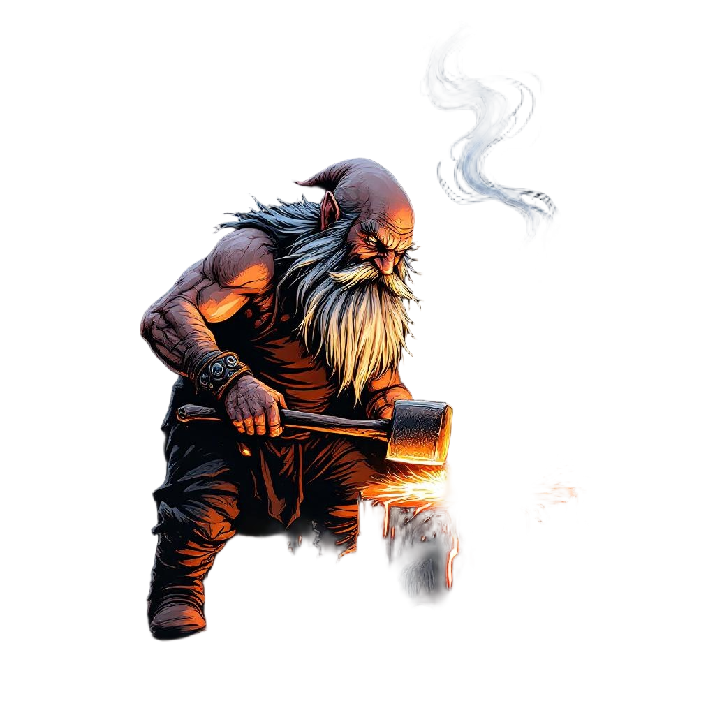 A dwarf blacksmith working at a volcanic forge, hammer striking molten metal, sp