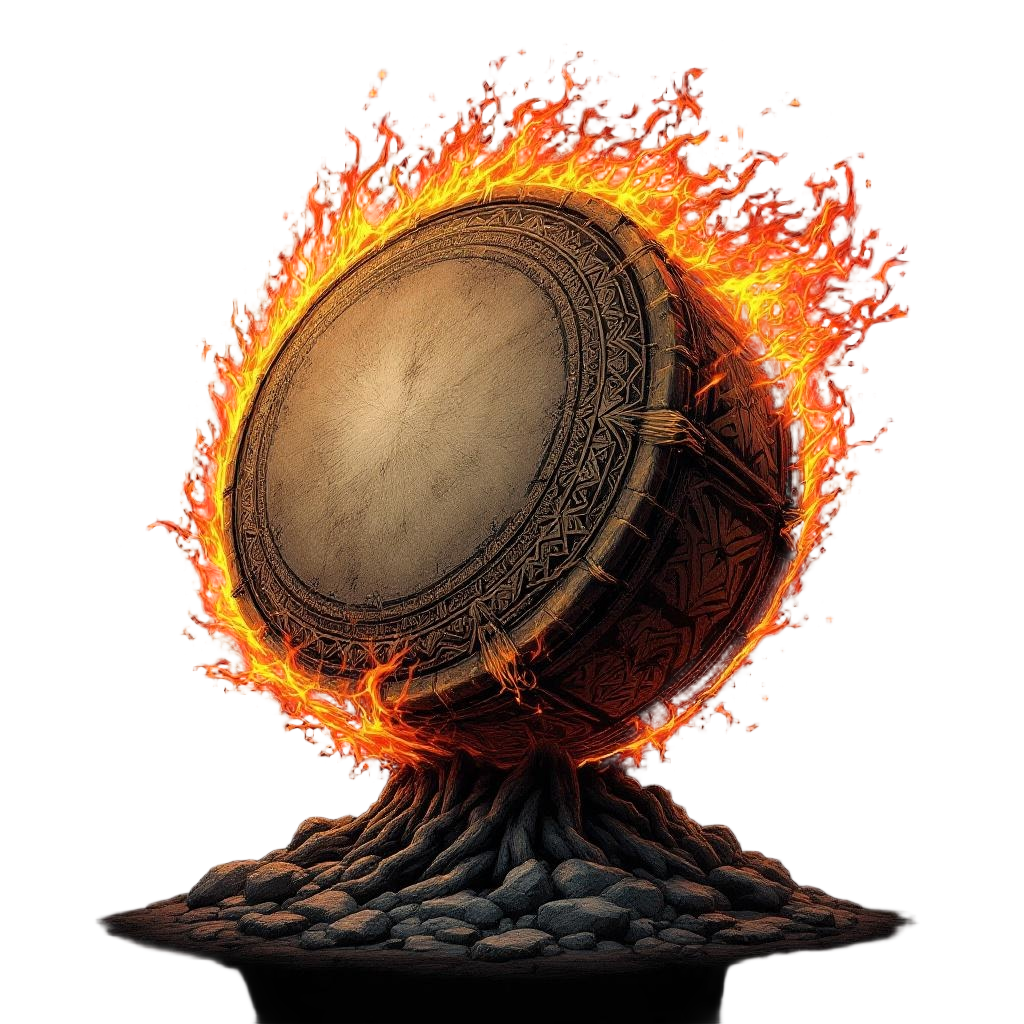 A massive tribal war drum with flames and tribal patterns, primal rhythm of batt