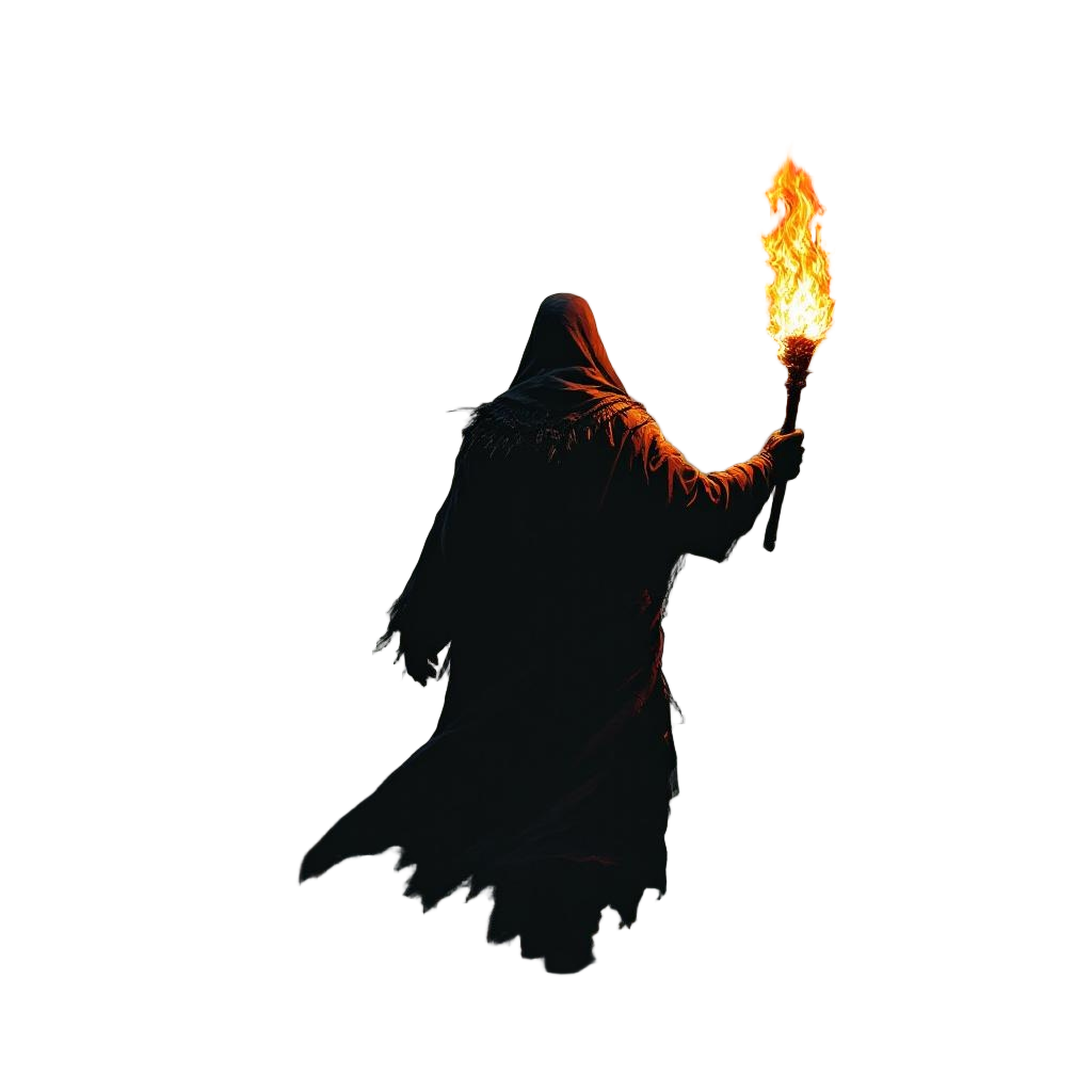 A witch hunter in pilgrim attire carrying a flaming torch through a dark forest,