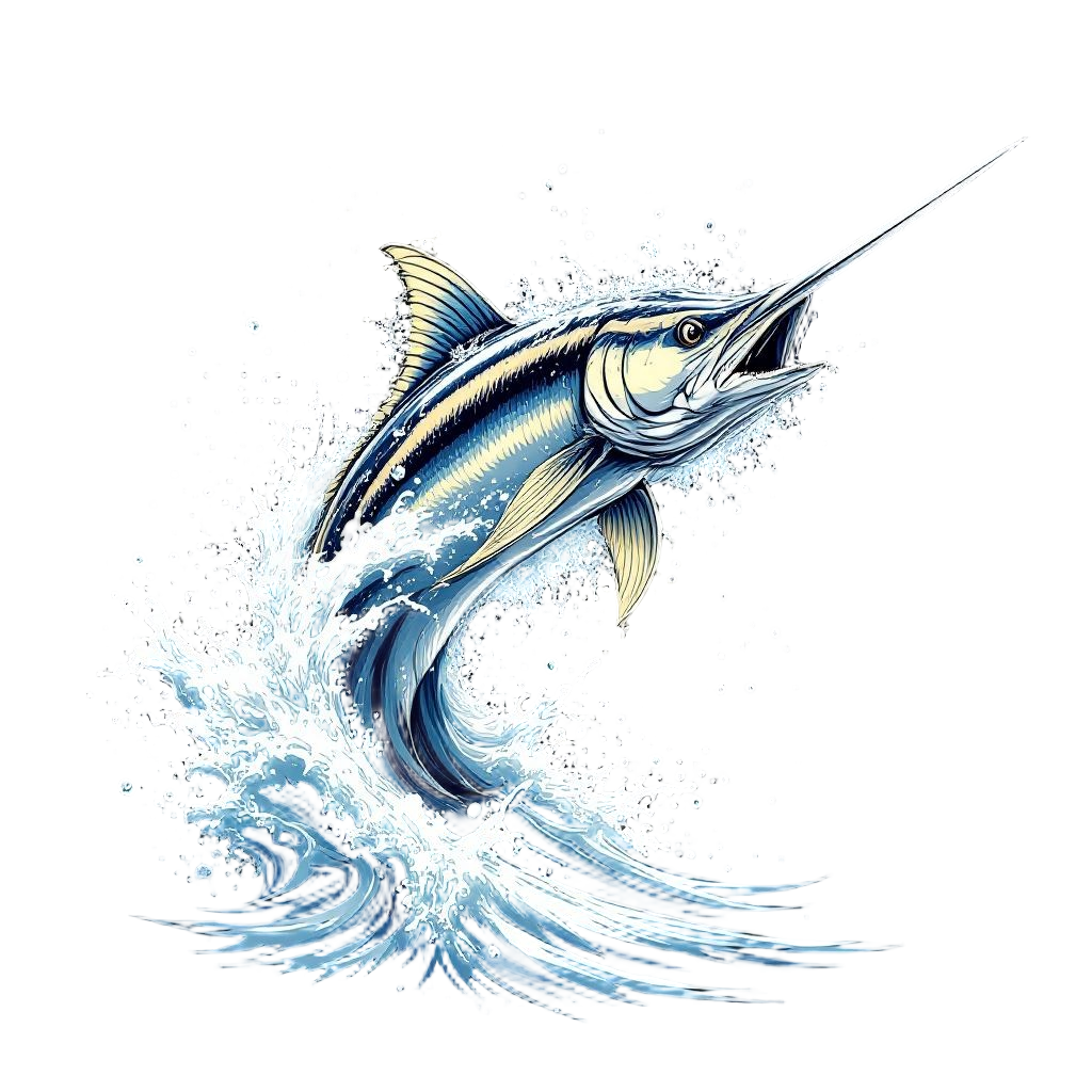 A swordfish leaping from ocean waves, water droplets frozen in air, speed and po