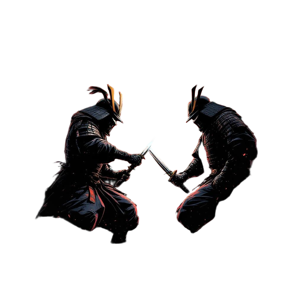 Two samurai locked in a katana duel under a blood red moon, sparks flying, cinem