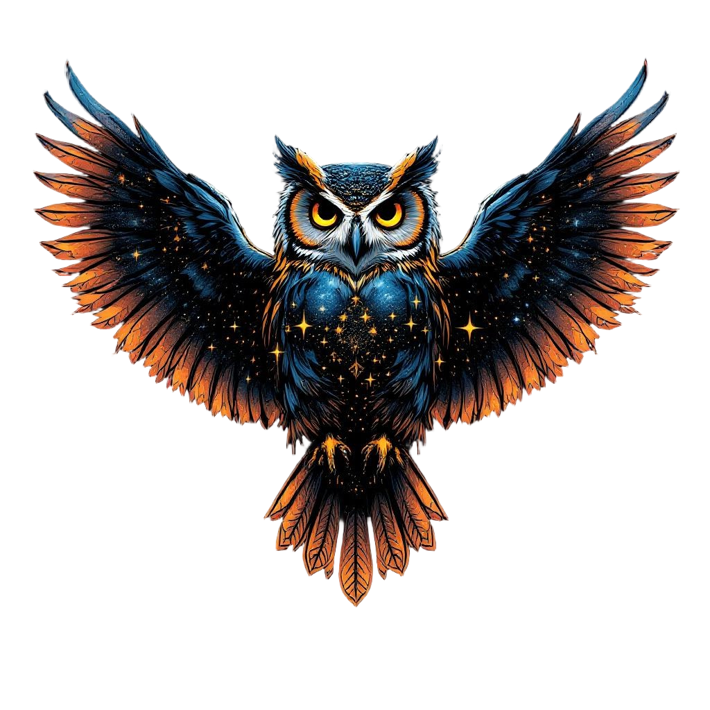 An owl with galaxy wings spreading across the night sky, stars and nebulae in it