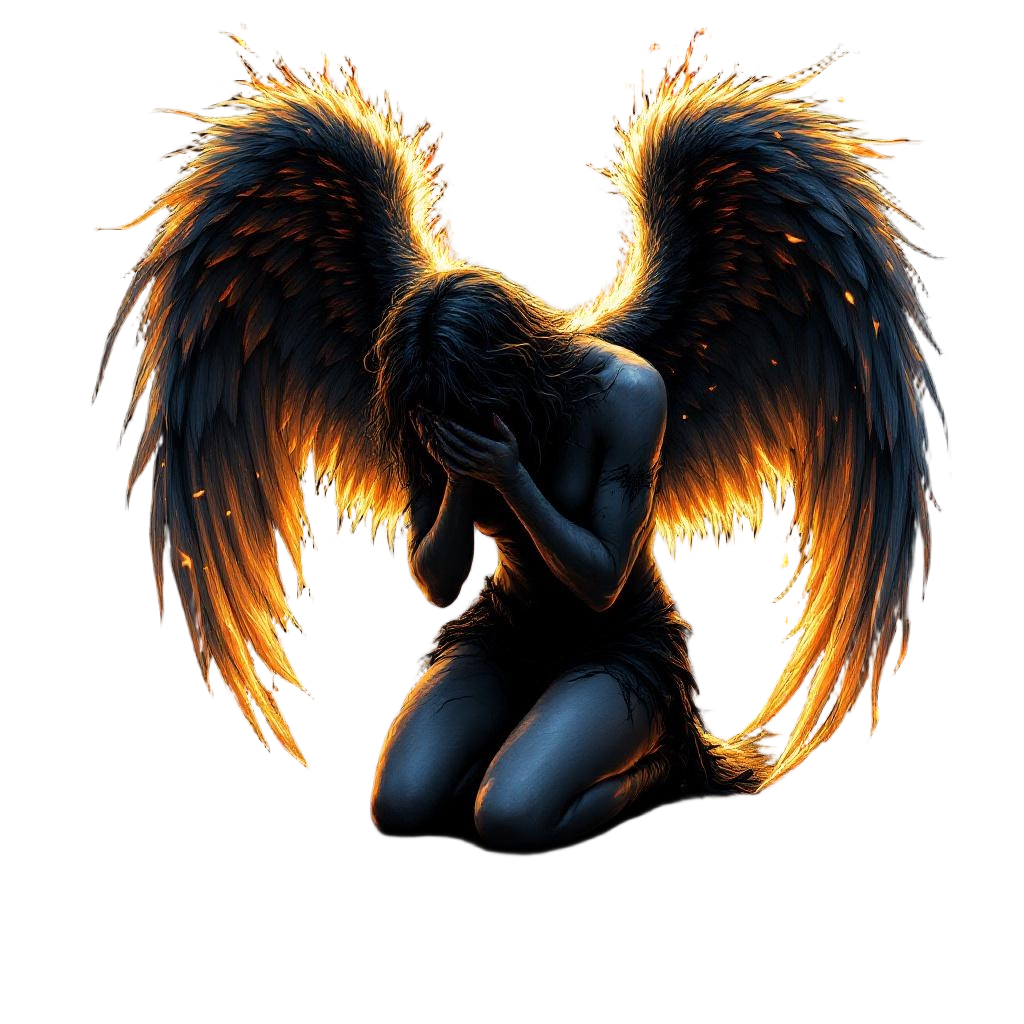 A fallen angel with broken and burning wings, kneeling in defeat but still defia