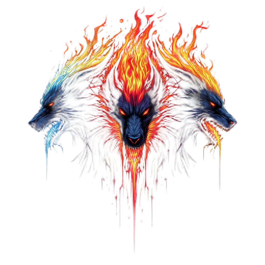 A three-headed hellhound with each head breathing different colored flames, infe