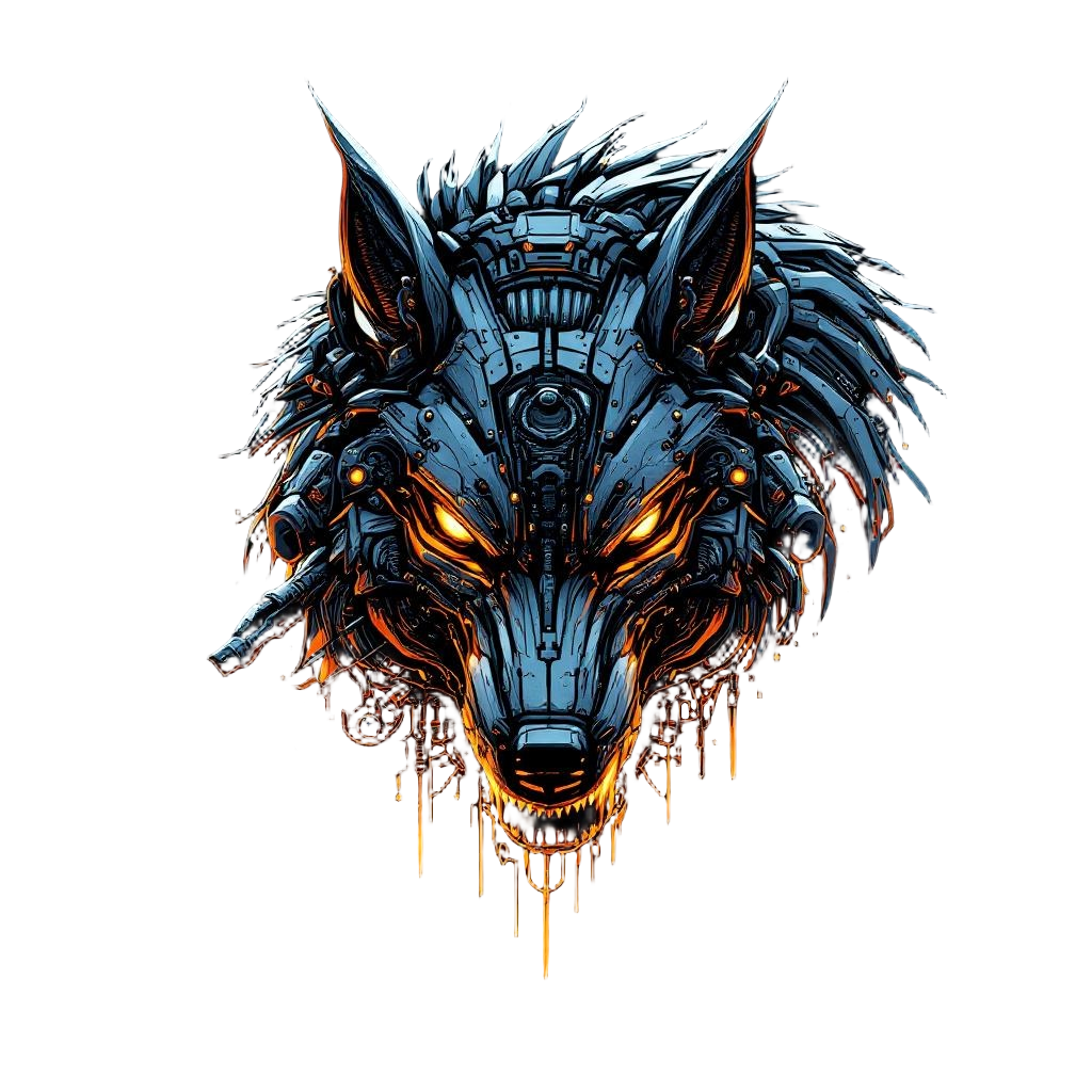 A wolf made of iron plates and mechanical parts, glowing steam vents, industrial