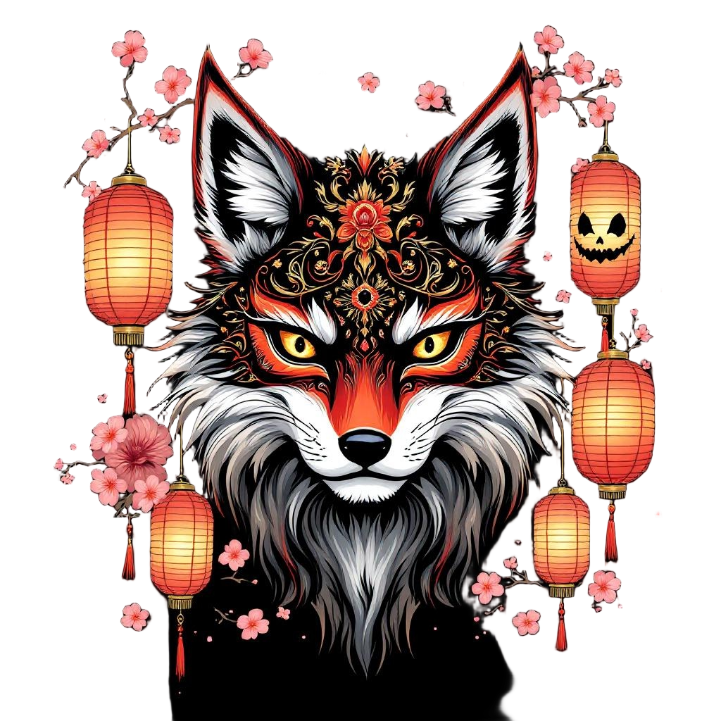 A beautiful kitsune fox mask surrounded by festival lanterns and cherry blossoms